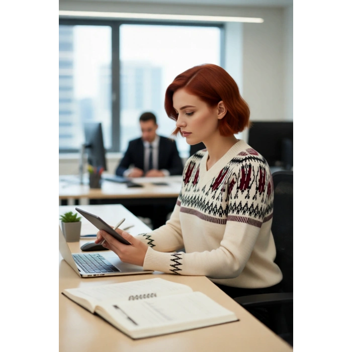 Kadınlara Özel Kışlık V Yaka Geometrik Desenli Triko Kazak Regular Kalıp Uzun Kol Kombin Kaliteli