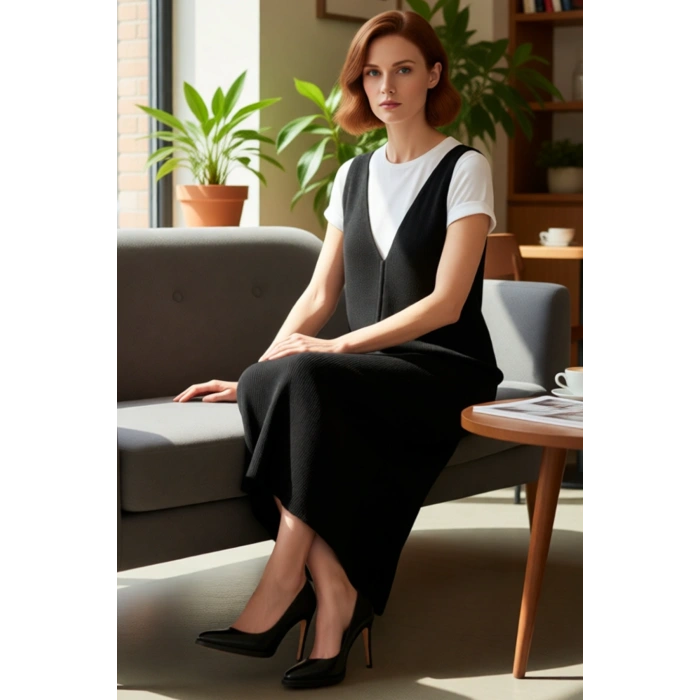 Kadınlara Özel Kolsuz Akrilik Triko Midi Jile Elbise V Yaka Düz Desen Casual Tarzınızı Tamamlar