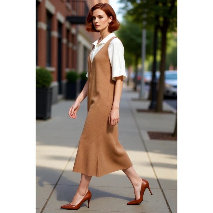 Kadınlara Özel Kolsuz Akrilik Triko Midi Jile Elbise V Yaka Düz Desen Casual Tarzınızı Tamamlar