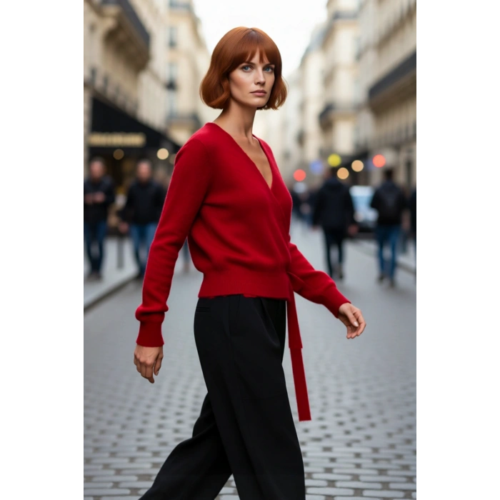 Kadınlara Özel Kruvaze Yaka Triko Kazak Regular Kalıp Günlük Konforlu Şık Basic Tasarım Kaliteli