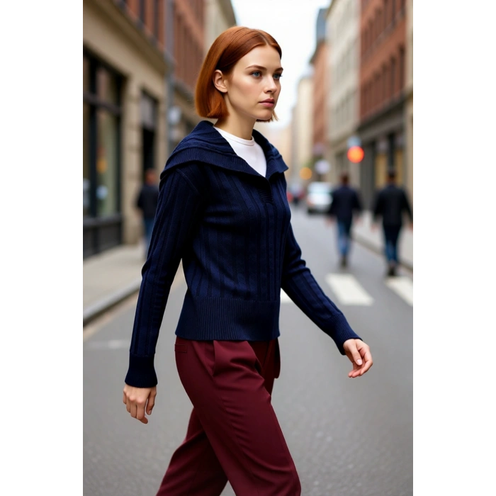 Kadınlara Özel Lacivert Düz Desenli Devrik Yaka Crop Kesim Triko Kazak Günlük Kullanım İçin İdeal.