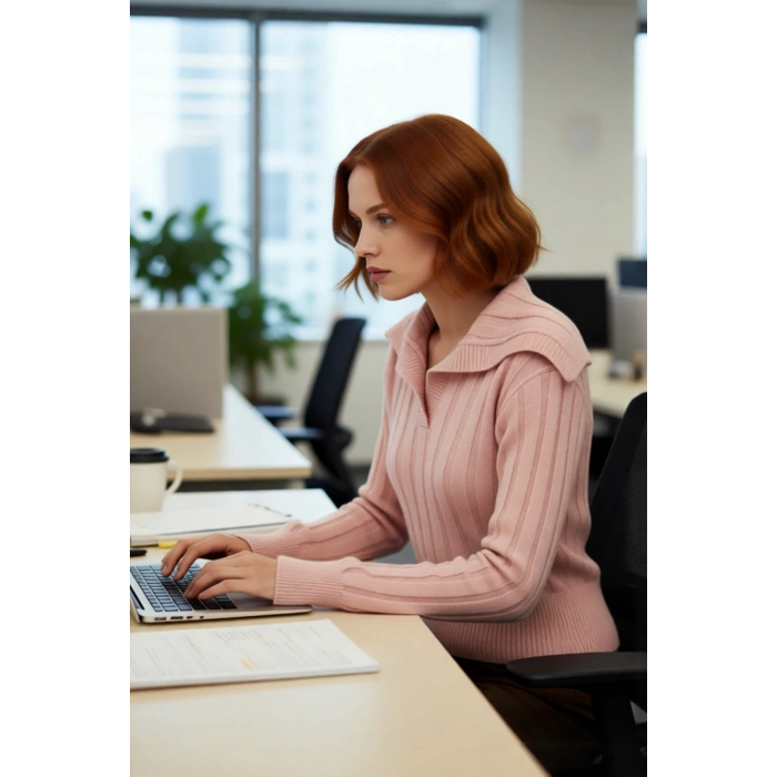 Kadınlara Özel Lacivert Düz Desenli Devrik Yaka Crop Kesim Triko Kazak Günlük Kullanım İçin İdeal.