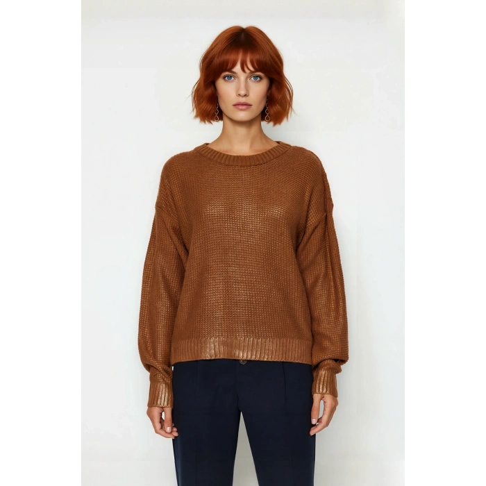 Kadınlara Özel Oversize Bisiklet Yaka Varak Baskılı Uzun Kollu Triko Kazak Kışlık Kombinler