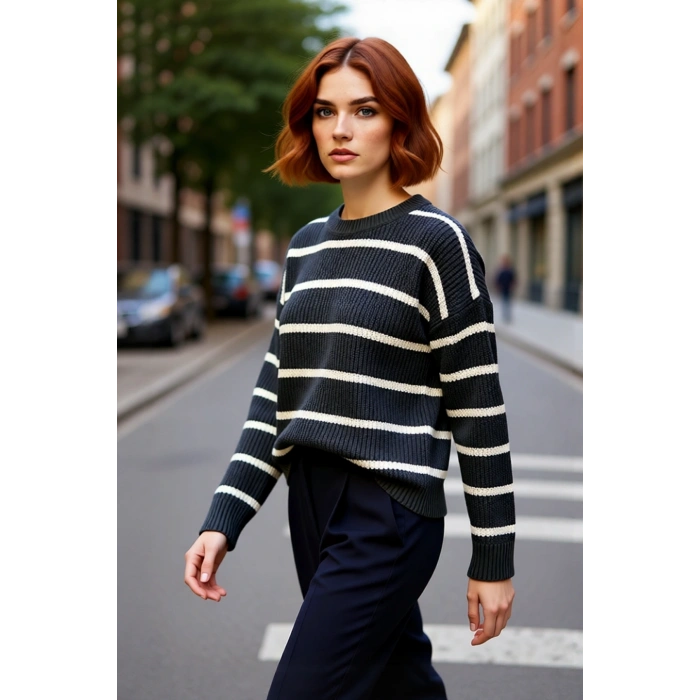 Kadınlara Özel Oversize Çizgili Triko Kazak Bisiklet Yaka Uzun Kollu Kış Stiline Modern Dokunuş