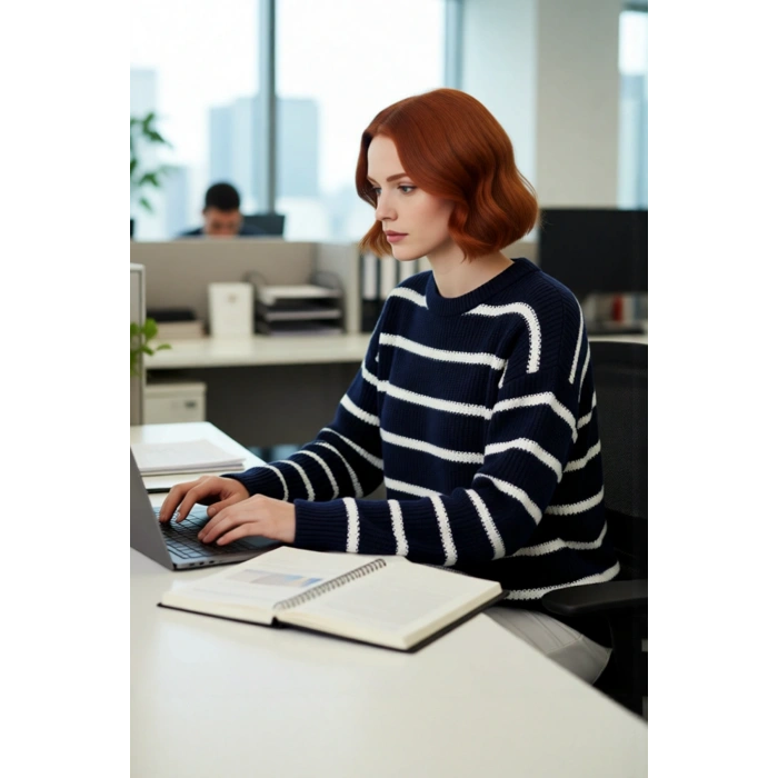 Kadınlara Özel Oversize Çizgili Triko Kazak Bisiklet Yaka Uzun Kollu Kış Stiline Modern Dokunuş