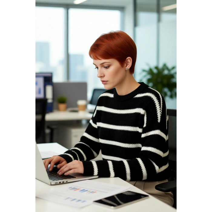 Kadınlara Özel Oversize Çizgili Triko Kazak Bisiklet Yaka Uzun Kollu Kış Stiline Modern Dokunuş