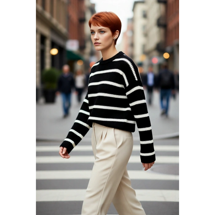Kadınlara Özel Oversize Çizgili Triko Kazak Bisiklet Yaka Uzun Kollu Kış Stiline Modern Dokunuş