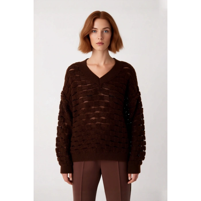 Kadınlara Özel Oversize Dokulu V Yaka Triko Kazak Düşük Kol Rahat Kesim İlkbahar Sonbahar Kaliteli