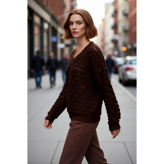 Kadınlara Özel Oversize Dokulu V Yaka Triko Kazak Düşük Kol Rahat Kesim İlkbahar Sonbahar Kaliteli