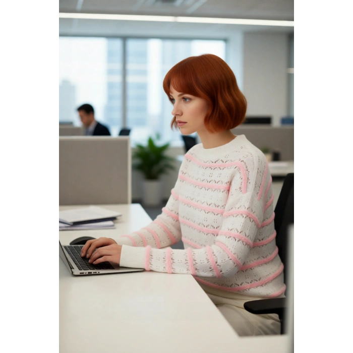 Kadınlara Özel Oversize Geniş Kesim Düşük Kol Bisiklet Yaka Ajurlu Triko Kazak Kışlık Stil