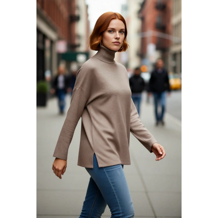 Kadınlara Özel Oversize Kesim Düz Desen Balıkçı Yaka Uzun Kollu Triko Kazak Kış Modası Kaliteli