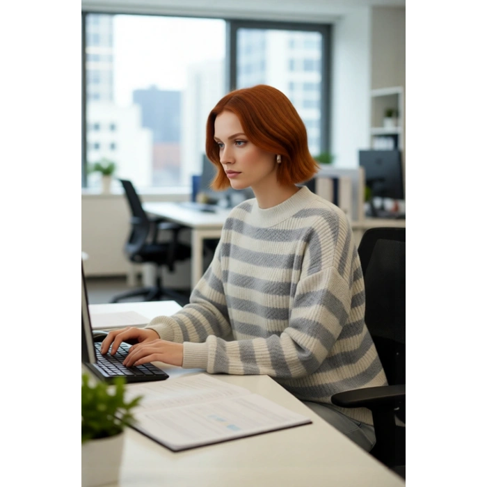 Kadınlara Özel Oversize Kesim Rahat Bisiklet Yaka Desenli Bej Gri Triko Kazak Kış Şıklığı Kaliteli