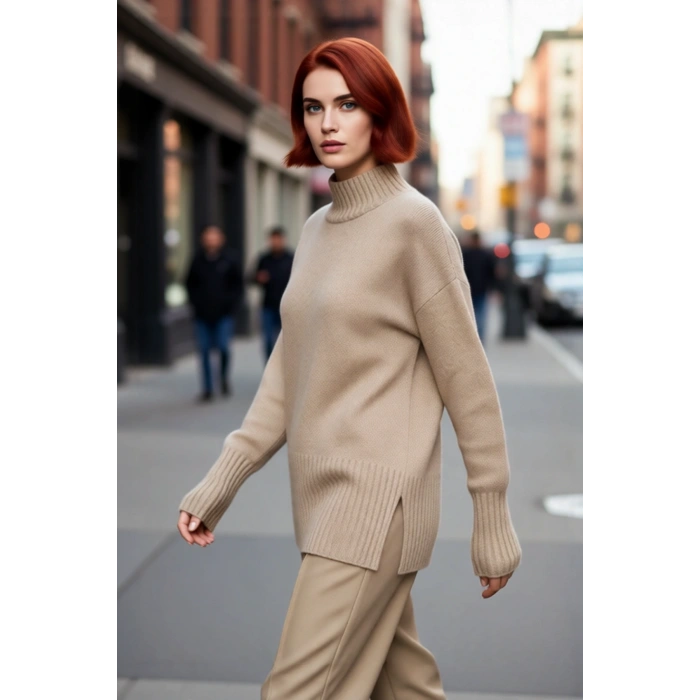 Kadınlara Özel Oversize Rahat Kalıp Düz Renk Triko Kazak Dik Yaka Reglan Kol Kış Modasının