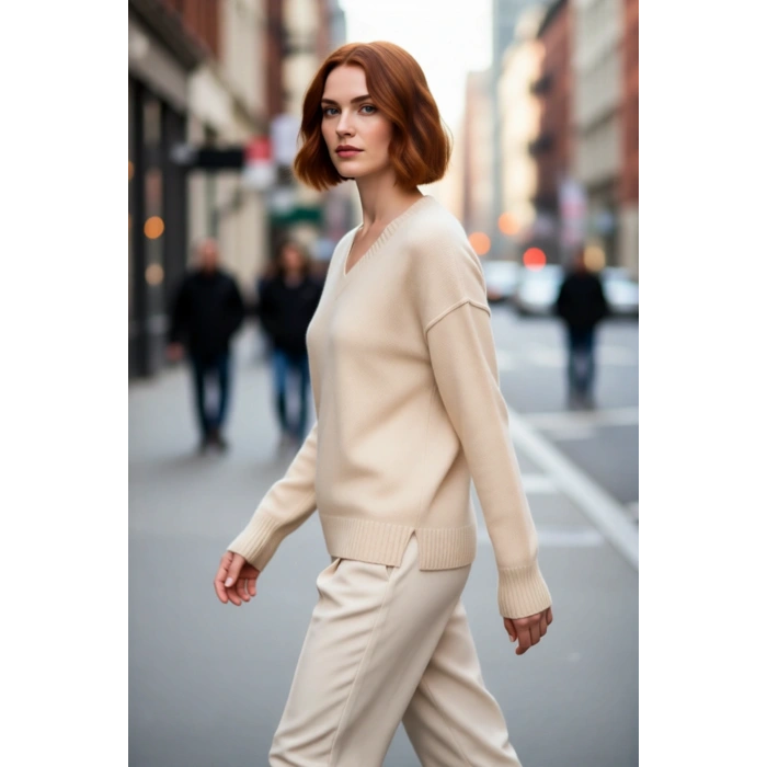 Kadınlara Özel Oversize V Yaka Triko Kazak Düşük Kollu Uzun Boylu Kahverengi Rahat Şıklık Sunar