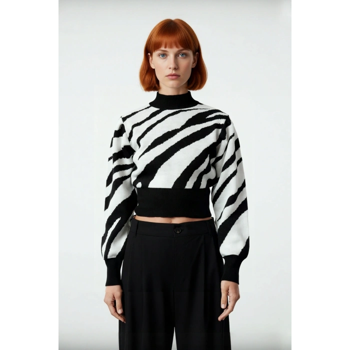 Kadınlara Özel Pembe Zebra Desenli Dik Yaka Uzun Kollu Crop Triko Kazak Kış Şıklığı İçin Kaliteli