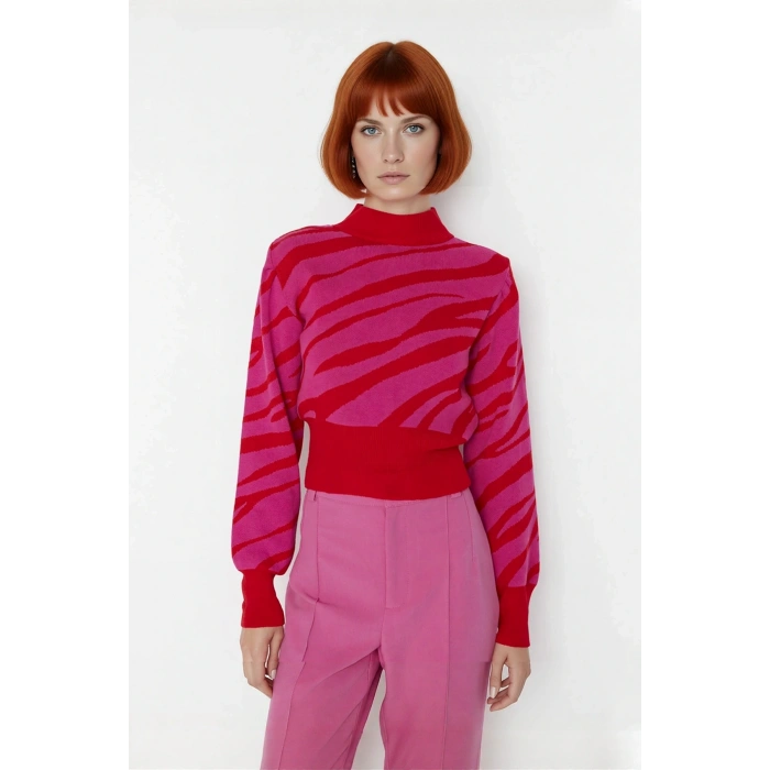 Kadınlara Özel Pembe Zebra Desenli Dik Yaka Uzun Kollu Crop Triko Kazak Kış Şıklığı İçin Kaliteli