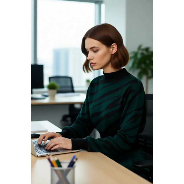 Kadınlara Özel Pembe Zebra Desenli Dik Yaka Uzun Kollu Crop Triko Kazak Kış Şıklığı İçin Kaliteli