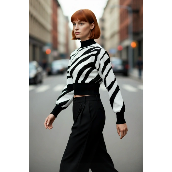 Kadınlara Özel Pembe Zebra Desenli Dik Yaka Uzun Kollu Crop Triko Kazak Kış Şıklığı İçin Kaliteli