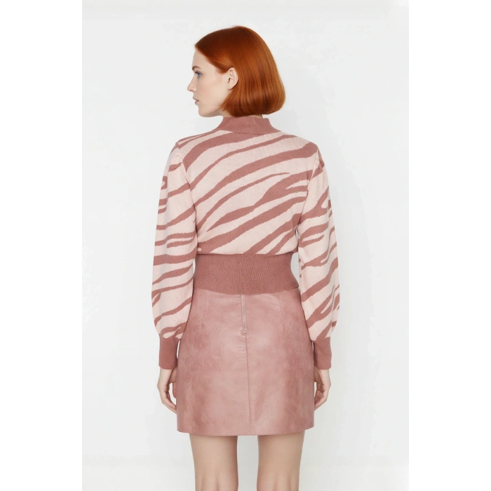 Kadınlara Özel Pembe Zebra Desenli Dik Yaka Uzun Kollu Crop Triko Kazak Kış Şıklığı İçin Kaliteli