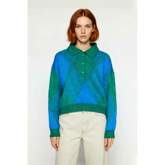 Kadınlara Özel Rahat Oversize Polo Yaka Baklava Desenli Triko Kazak Sonbahar Kış Şıklığı Sunar