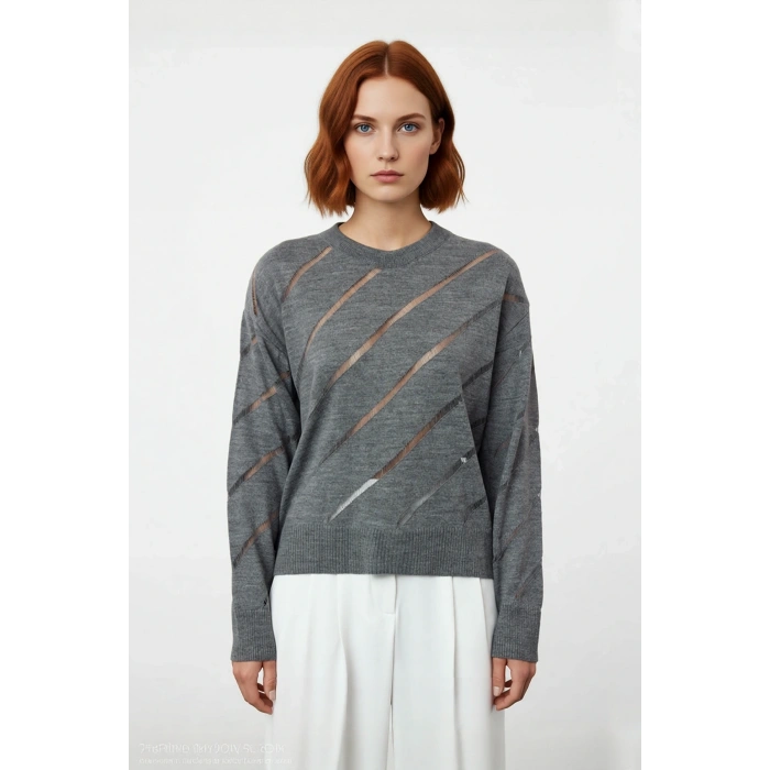 Kadınlara Özel Regular Kalıp Ajurlu Triko Kazak Bisiklet Yaka Düşük Kollu Modern Şıklık Kaliteli