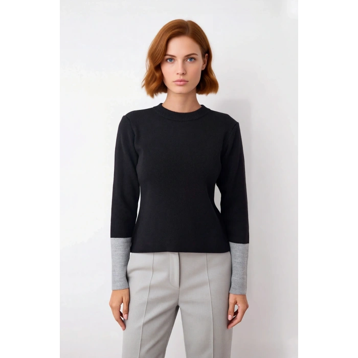 Kadınlara Özel Regular Kalıp Bisiklet Yaka Renk Bloklu Uzun Kollu Triko Kazak Günlük Şıklık