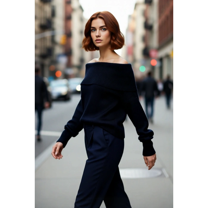 Kadınlara Özel Regular Kalıp Carmen Yaka Triko Kazak Kış Şıklığı İçin İdeal Uzun Kollu Tasarım