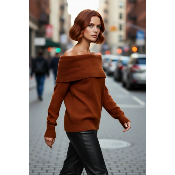 Kadınlara Özel Regular Kalıp Carmen Yaka Triko Kazak Kış Şıklığı İçin İdeal Uzun Kollu Tasarım