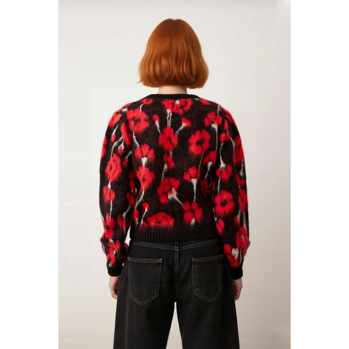 Kadınlara Özel Regular Kalıp Çiçekli Triko Kazak Bisiklet Yaka Düşük Kol Kalın ve Şık Günlük Stile