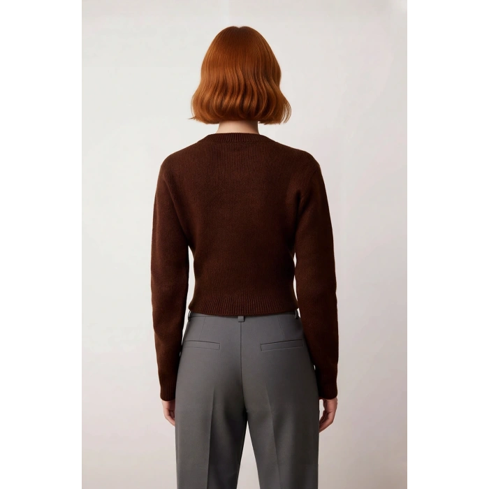 Kadınlara Özel Regular Kalıp Crop Boy Triko Bisiklet Yaka Fermuar Detaylı Düz Kalın Kazak Kaliteli