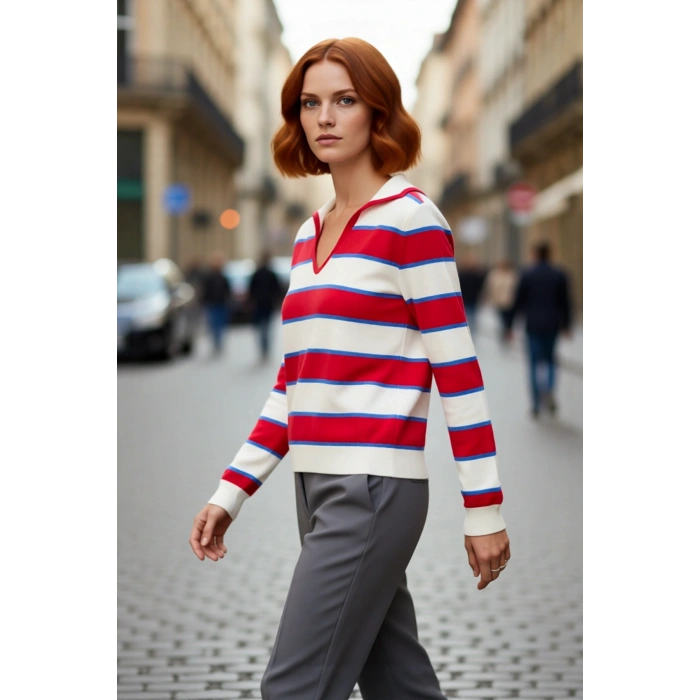 Kadınlara Özel Regular Kalıp Polo Yaka Çizgili İnce Triko Kazak Günlük Şık Kombinler İçin İdeal