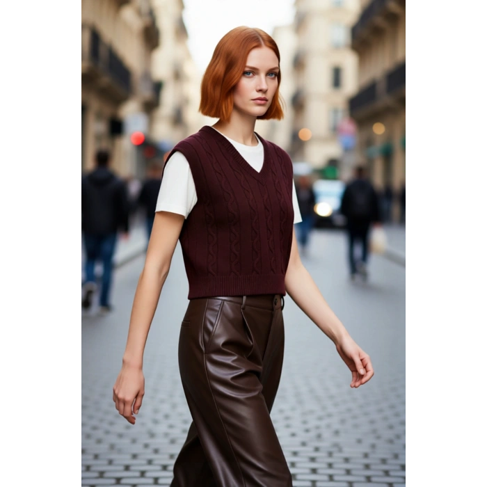 Kadınlara Özel Regular Kalıp V Yaka Saç Örgü Desenli Crop Kolsuz Triko Süveter Şıklığı Kaliteli