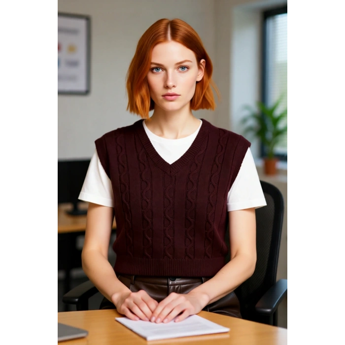 Kadınlara Özel Regular Kalıp V Yaka Saç Örgü Desenli Crop Kolsuz Triko Süveter Şıklığı Kaliteli