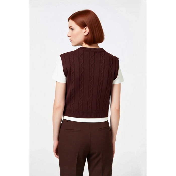 Kadınlara Özel Regular Kalıp V Yaka Saç Örgü Desenli Crop Kolsuz Triko Süveter Şıklığı Kaliteli