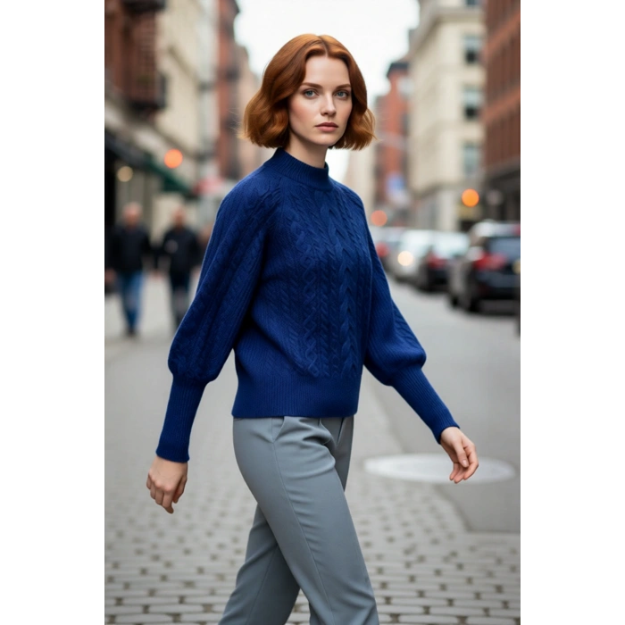 Kadınlara Özel Regular Kesim Saç Örgü Detaylı Triko Kazak Dik Yaka Balon Kol Kışlık Giyim Kaliteli