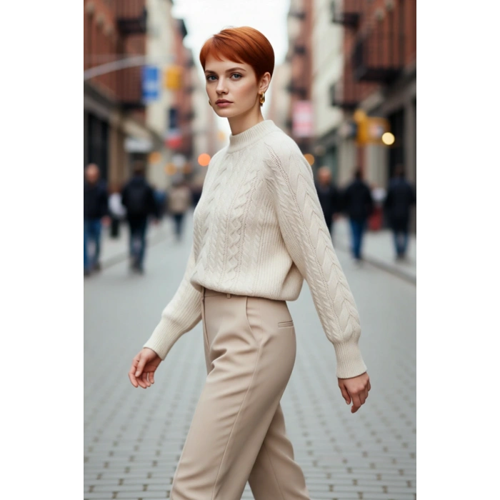 Kadınlara Özel Regular Kesim Saç Örgü Detaylı Triko Kazak Dik Yaka Balon Kol Kışlık Giyim Kaliteli