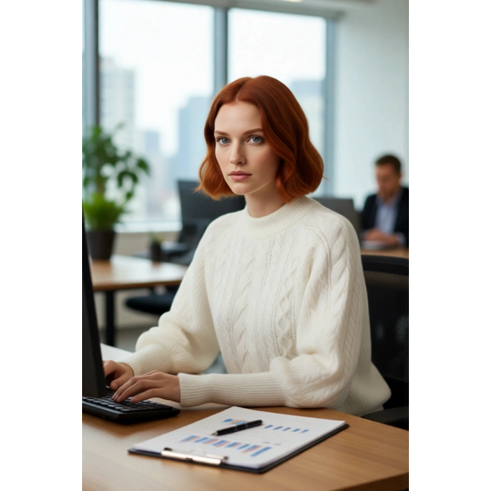 Kadınlara Özel Regular Kesim Saç Örgü Detaylı Triko Kazak Dik Yaka Balon Kol Kışlık Giyim Kaliteli