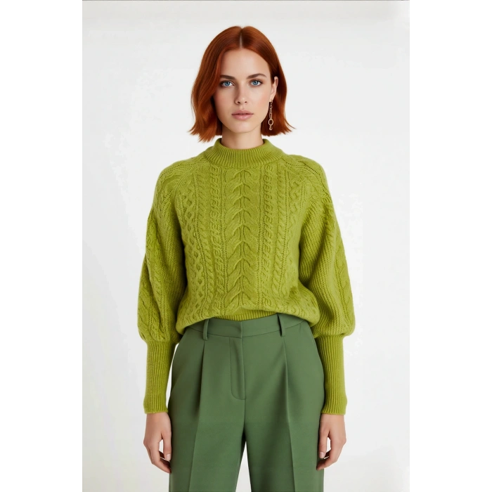 Kadınlara Özel Regular Kesim Saç Örgü Detaylı Triko Kazak Dik Yaka Balon Kol Kışlık Giyim Kaliteli