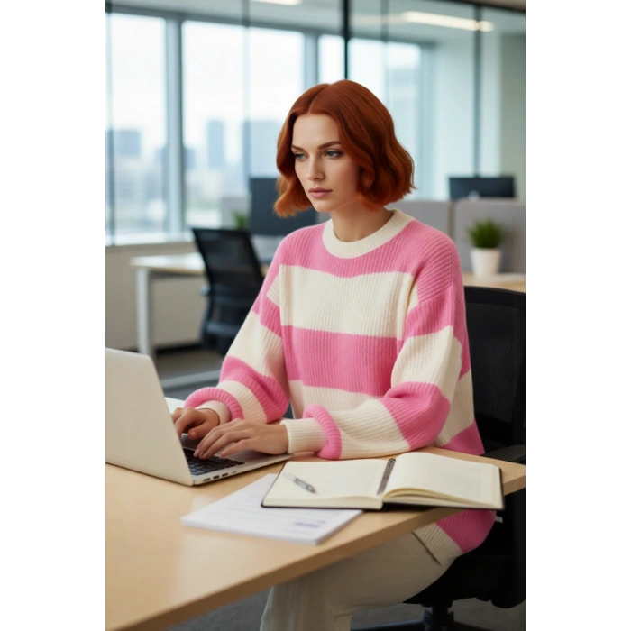 Kadınlara Özel Relaxed Fit Bisiklet Yaka Çizgili Desenli Uzun Kollu Triko Kazak Günlük Şıklık