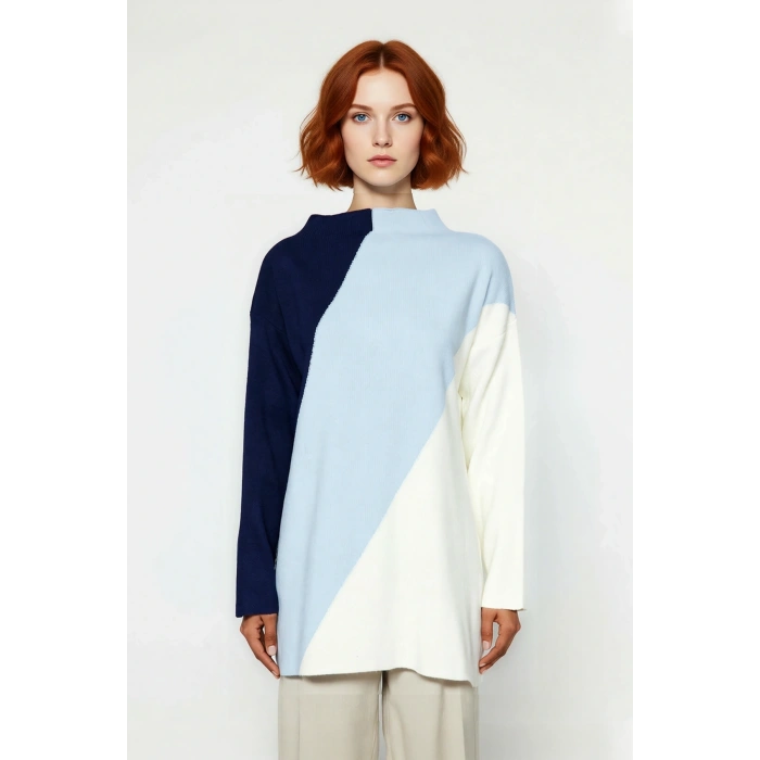 Kadınlara Özel Relaxed Fit Dik Yaka Renk Bloklu Triko Kazak Günlük Giyim İçin İdeal Seçim Kaliteli