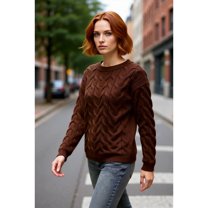 Kadınlara Özel Saç Örgü Desenli %100 Akrilik Triko Kazak Kayık Yaka Uzun Kol Regular Kalıp Günlük