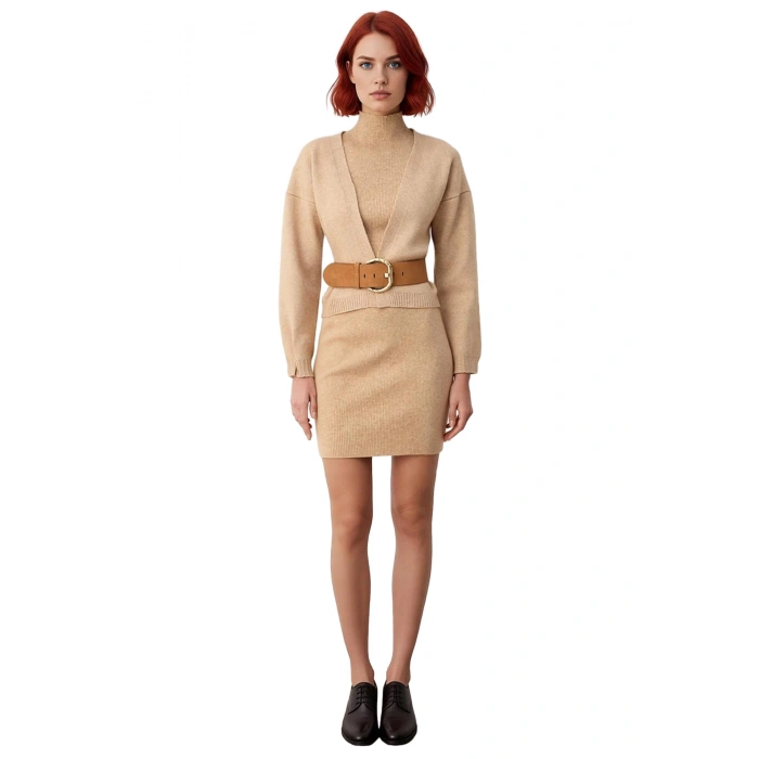 Kadınlara Özel Shift Kalıp Dik Yaka Triko Midi Elbise ve Hırka İkili Takım Konforlu Şıklık