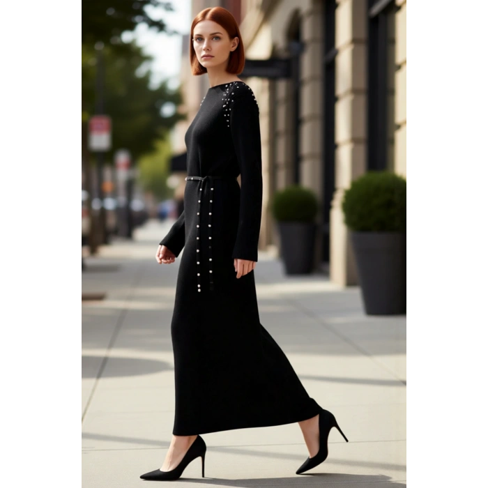 Kadınlara Özel Şık İnci Detaylı Kuşaklı Maxi Boy Triko Elbise Kışlık Ribana Dokulu Akrilik