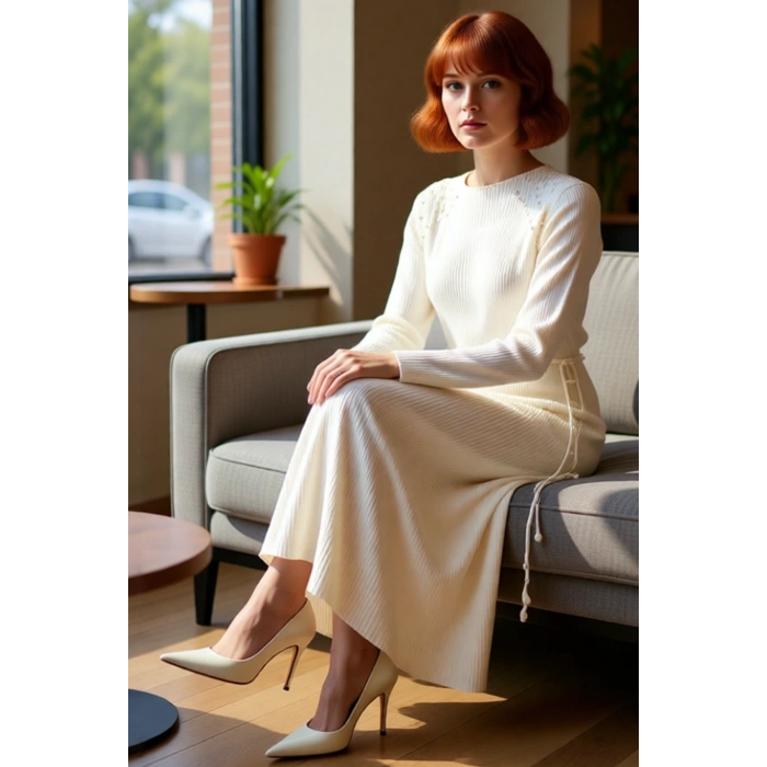 Kadınlara Özel Şık İnci Detaylı Kuşaklı Maxi Boy Triko Elbise Kışlık Ribana Dokulu Akrilik