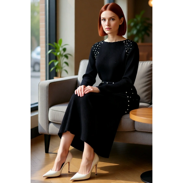 Kadınlara Özel Şık İnci Detaylı Kuşaklı Maxi Boy Triko Elbise Kışlık Ribana Dokulu Akrilik