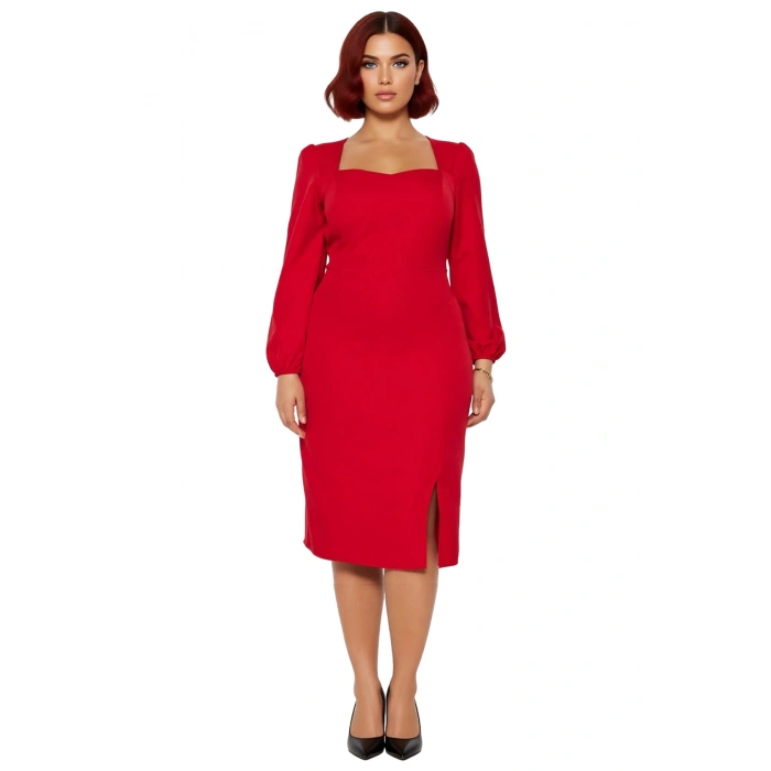 Kadınlara Özel Şık Shift Kalıp Kare Yaka Düz Uzun Balon Kol Midi Boy Yırtmaçlı Elbise Kaliteli