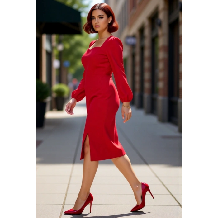 Kadınlara Özel Şık Shift Kalıp Kare Yaka Düz Uzun Balon Kol Midi Boy Yırtmaçlı Elbise Kaliteli