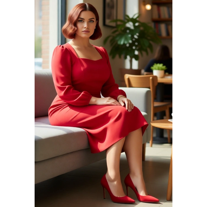 Kadınlara Özel Şık Shift Kalıp Kare Yaka Düz Uzun Balon Kol Midi Boy Yırtmaçlı Elbise Kaliteli