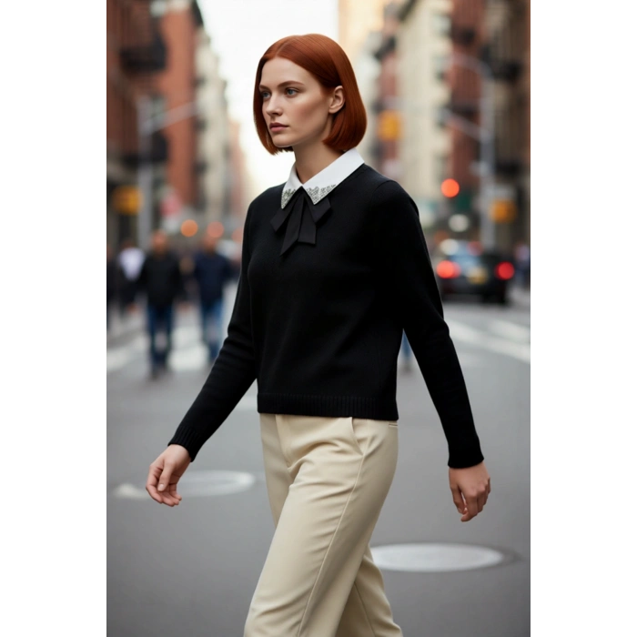 Kadınlara Özel Şık Taş Ve Kurdele Detaylı Triko Kazak Regular Kalıp Kışlık Kombinler İçin İdeal