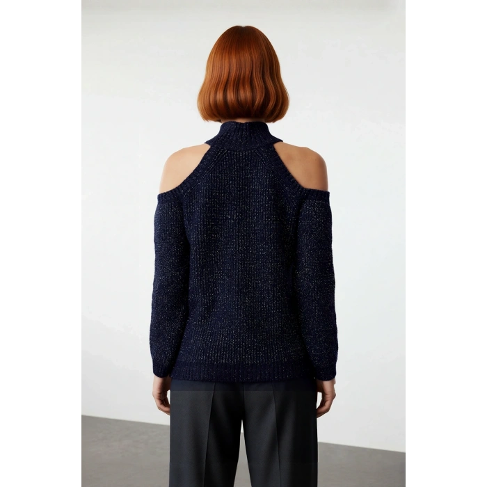 Kadınlara Özel Simli Selanik Dokuma Dik Yaka Omuz Dekolteli Triko Kazak Kış Kombinleri İçin